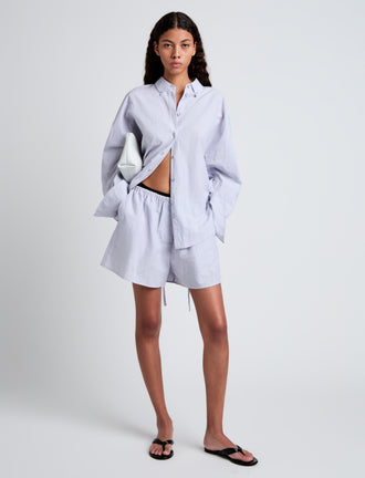 Proenza Schouler Front full length image of model wearing Jana Short in Linen Shirting in Light Oxford Melange
