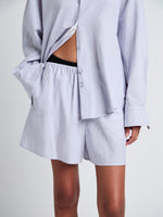 Proenza Schouler Detail image of model wearing Jana Short in Linen Shirting in Light Oxford Melange