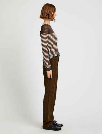 Proenza Schouler Side full length image of model wearing Maxine Pant in Suede in Wood