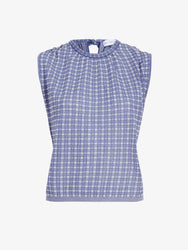 Proenza Schouler flat image of Bradley Crewneck in Plaid Knit in off white/denim