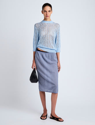 Proenza Schouler front image of model wearing Lori Knit Skirt in Plaid Knit in off white/denim