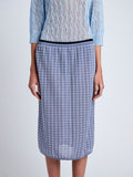 Proenza Schouler detail image of model wearing Lori Knit Skirt in Plaid Knit in off white/denim