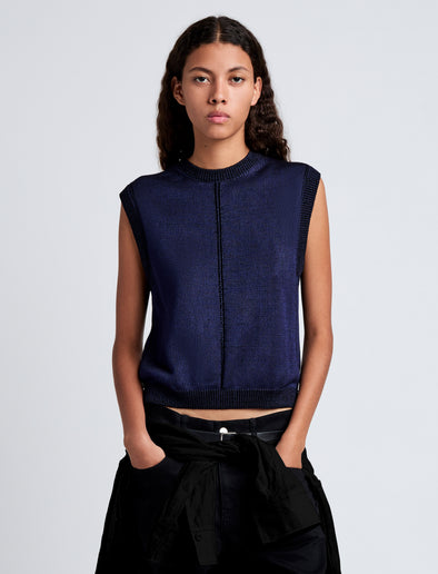 Proenza Schouler Front cropped image of model wearing Emily Sweater in Plaited Viscose Rib in Dark Ink
