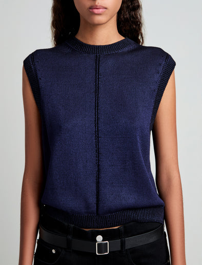 Proenza Schouler Detail image of model wearing Emily Sweater in Plaited Viscose Rib in Dark Ink