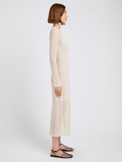 Proenza Schouler Side full length image of model wearing Miriam Dress in Crochet in Ecru