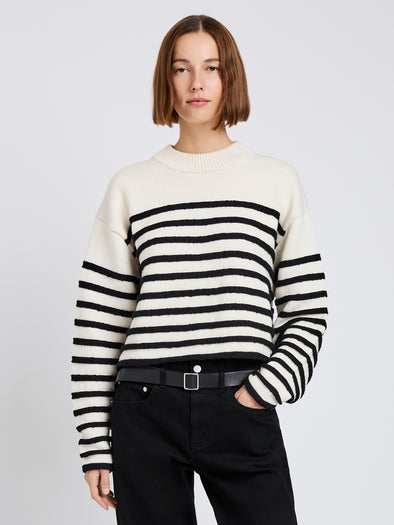 Proenza Schouler front cropped image of model wearing Nia Sweater in Bobble Boucle in white/black