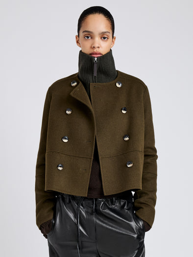 Proenza Schouler Front cropped image of model wearing Courtney Jacket in Double Face Wool in Fatigue