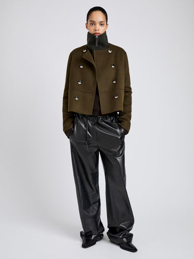 Proenza Schouler Front full length image of model wearing Courtney Jacket in Double Face Wool in Fatigue