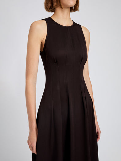 Proenza Schouler Detail image of model wearing Bronwyn Dress in Merino Wool Twill in Chocolate