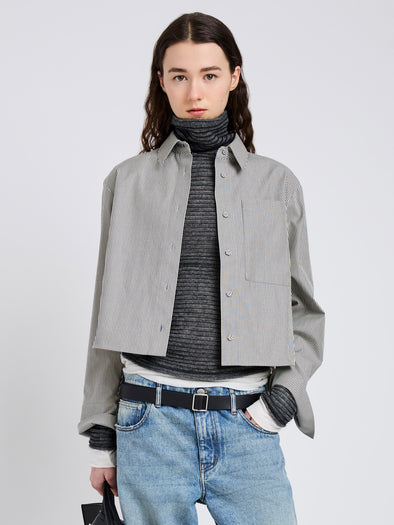 Proenza Schouler Cropped image of model wearing Olive Shirt in Stripe Cotton in Parchment, dark teal