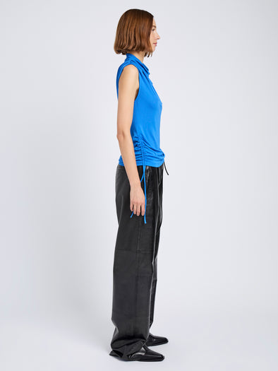 Proenza Schouler Side full length image of model wearing Elna Top in Crepe Jersey in Sea
