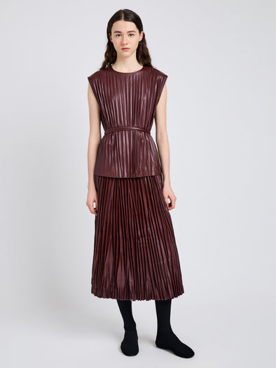 Proenza Schouler Front full length image of model wearing Lyra Top in LW Faux Leather in Oxblood