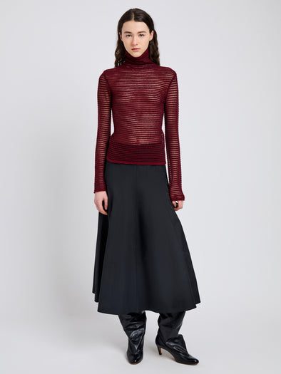 Proenza Schouler Front full length alternate image of model wearing Hailey Sweater in Cashmere Silk Stripe in Claret, black