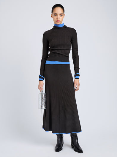 Proenza Schouler Front full length image of model wearing Daniella Sweater in Souffle Knit in Chicory