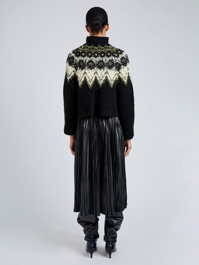 Proenza Schouler Back full length image of model wearing Lizzy Sweater in Textured Fairisle in Black Multi