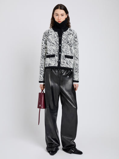 Proenza Schouler Front full length image of model wearing Amina Jacket in Jacquard Alpaca in Black, white zebra