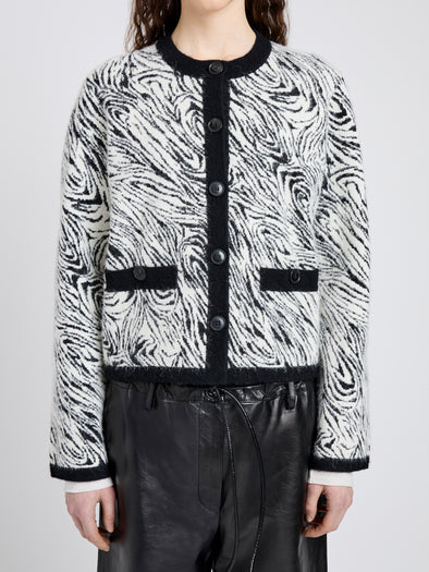 Proenza Schouler Detail image of model wearing Amina Jacket in Jacquard Alpaca in Black, white zebra