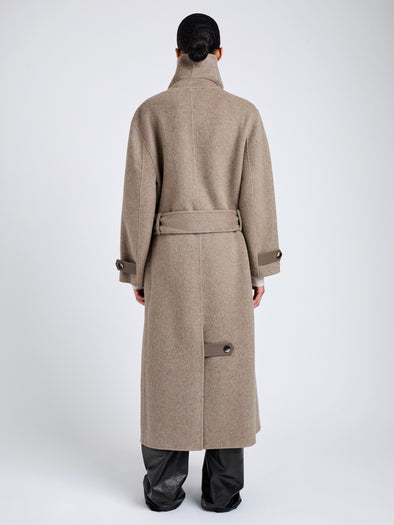Proenza Schouler Back full length image of model wearing Corey Coat in Splittable Wool in Walnut Melange