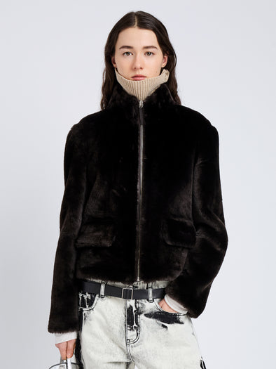 Proenza Schouler Front cropped image of model wearing Scarlett Jacket in Shearling in Cacao