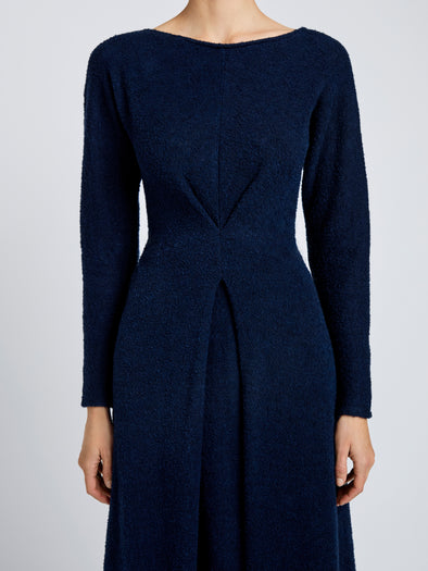 Proenza Schouler Detail image of model wearing Sai Dress in Wool Jersey in Ink Melange
