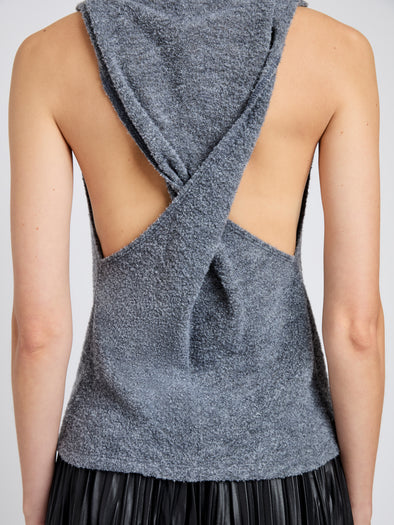 Proenza Schouler Detail image of model wearing Cynthia Top in Wool Jersey in Grey Melange