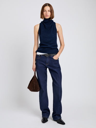 Proenza Schouler Front full length image of model wearing Cynthia Top in Wool Jersey in Ink Melange