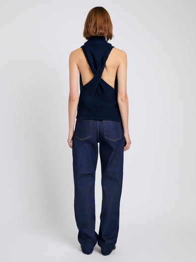 Proenza Schouler Back full length image of model wearing Cynthia Top in Wool Jersey in Ink Melange