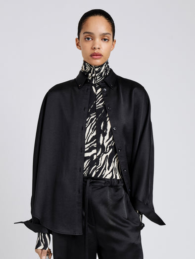 Proenza Schouler Front cropped image of model wearing Caroline Shirt in Crinkled Crepe in Black
