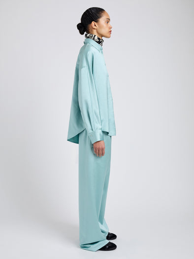 Proenza Schouler Side full length image of model wearing Caroline Shirt in Crinkled Crepe in Sea Glass