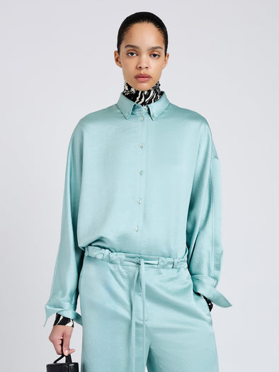 Proenza Schouler Front cropped image of model wearing Caroline Shirt in Crinkled Crepe in Sea Glass