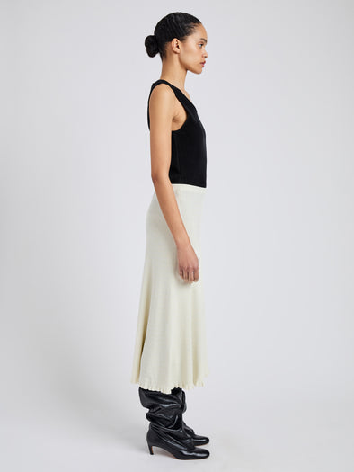 Proenza Schouler side image of model wearing Stina Skirt in Geo Knits in off white