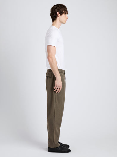 Proenza Schouler Side full length image of model wearing Willem Pant in Jersey Flannel in Taupe