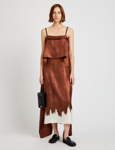 Proenza Schouler front image of model wearing Wilma Dress in Double Printed Silk Twill in sienna multi