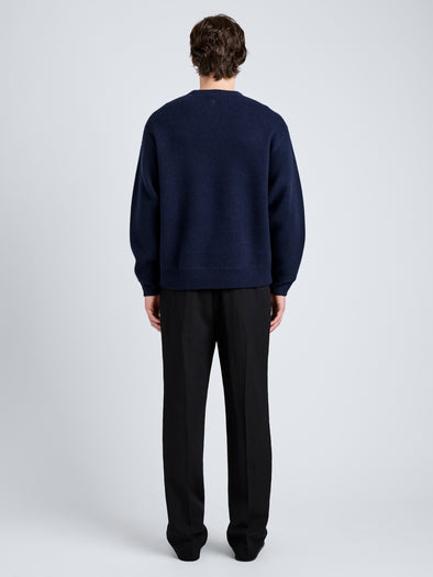 Proenza Schouler Back full length image of model wearing Zach Sweater in Double Face in Navy