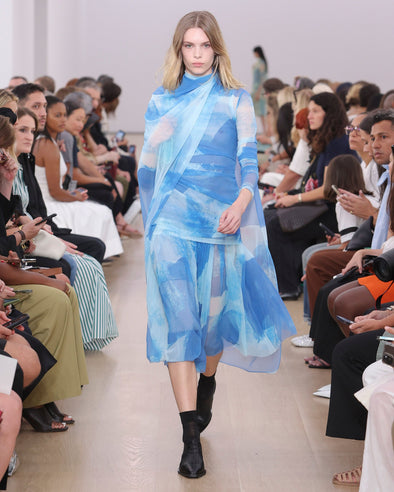 Runway image of model in Judy Skirt In Printed Nylon Jersey in cerulean