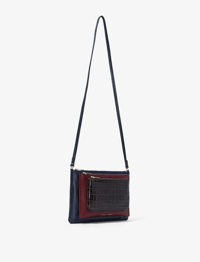 Side image of Triple Zip Pouch in DEEP NAVY/GARNET/MOCHA