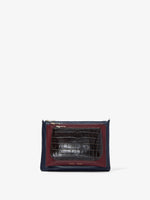 Front image of Triple Zip Pouch in DEEP NAVY/GARNET/MOCHA with strap down
