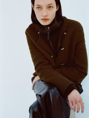 Image of model wearing Courtney Jacket in Double Face Wool in Fatigue on a white background