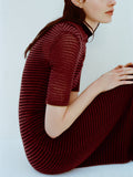 Image of model wearing Meline Dress in Cashmere Silk Stripe in Claret, black on a light blue background