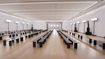 16x9 image of empty set of Phillips Auction House for SS24 runway show