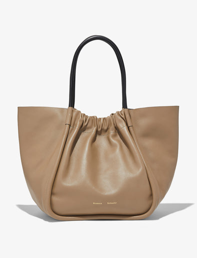 Front image of XL Ruched Tote in LIGHT TAUPE