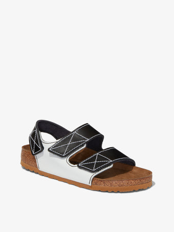 Proenza Schouler front 3/4 image of Milano PS NL Black White Birkenstock collaboration in black/white