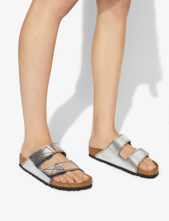Proenza Schouler image of model wearing Arizona PS NL Birkenstock collaboration in Silver