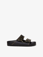 Proenza Schouler side image of Birkenstock collaboration Arizona Slides in black with yellow contrast stitching