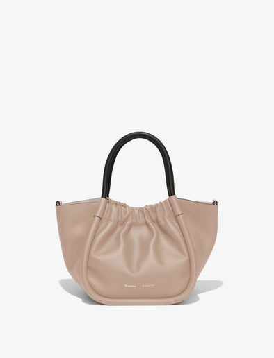 Front image of Small Ruched Crossbody Tote in light taupe