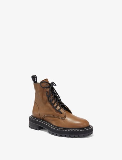 Front 3/4 image of Lug Sole Combat Boots in MEDIUM BROWN