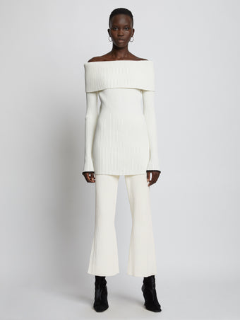 Front full length image of model wearing Rib Knit Crop Flare Pants in Off White