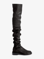 Side image of ruched thigh-high boots in Black