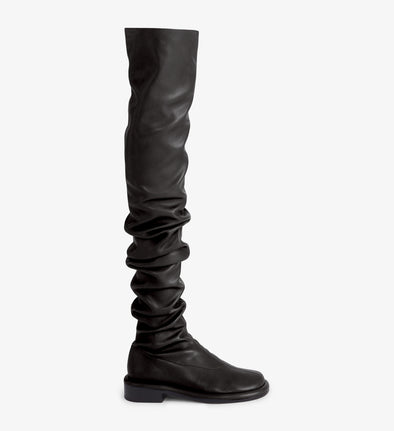 Side image of ruched thigh-high boots in Black