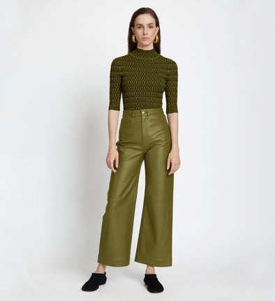 Front full length image of model wearing Leather Culottes in MILITARY